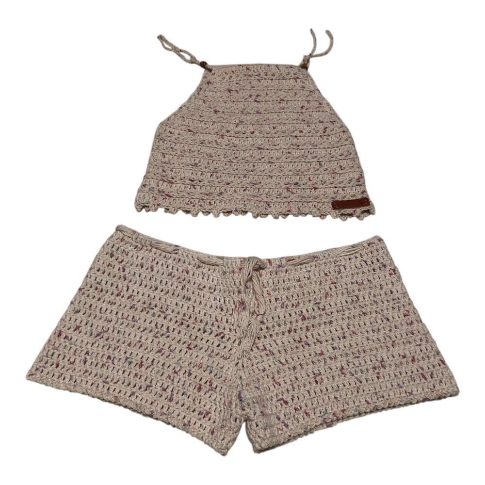 Crochet Two-Piece Tank & Shorts Set in Oatmeal with Pink Flecks